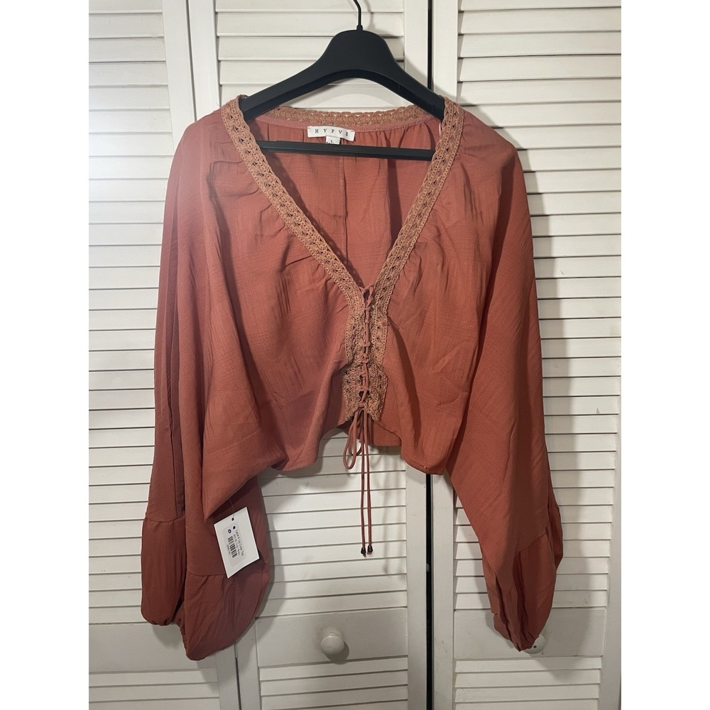 HYFVE Rust Crochet Tie Cropped Balloon Sleeve V-Neck Blouse Size L